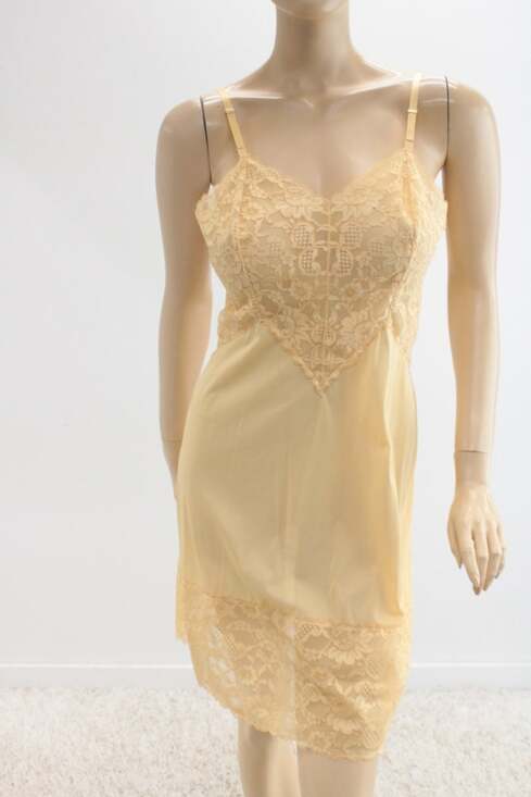 Vanity Fair Other - VTG Vanity Fair Yellow Nylon Full Slip 7" wide Lace Trim 60s Sweetheart Neckline